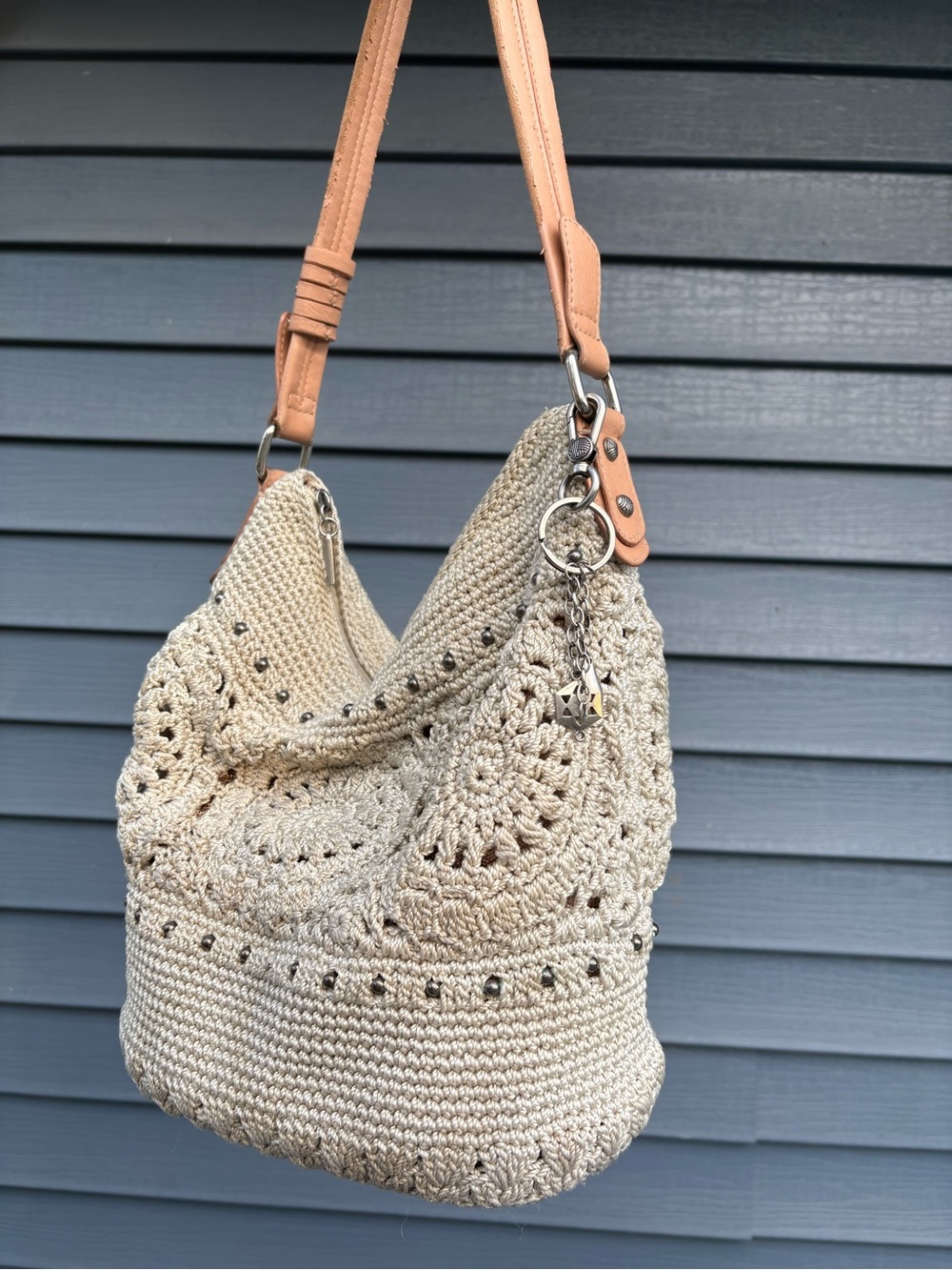 The Sak Sequoia Hobo Crochet Natural Medallion Boho Shoulder Bag Charms
